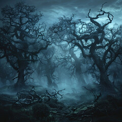 A hauntingly beautiful scene of gnarled trees shrouded in mist within a dense forest, illuminated by the mysterious light of a night sky.
