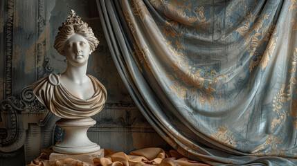 A classical bust sculpture of a woman, exuding grace and elegance, set against a backdrop of richly draped fabric with ornate patterns.
