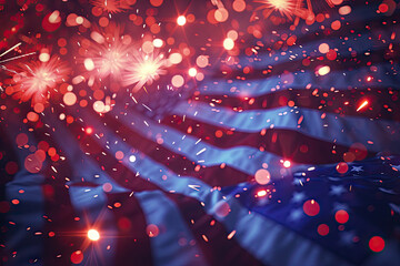 American Flag with Festive Fireworks Sparkling in the Background