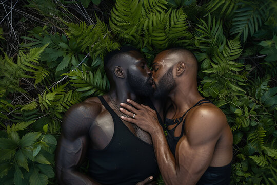 two muscular black men on the ground kiss and hug, forest background