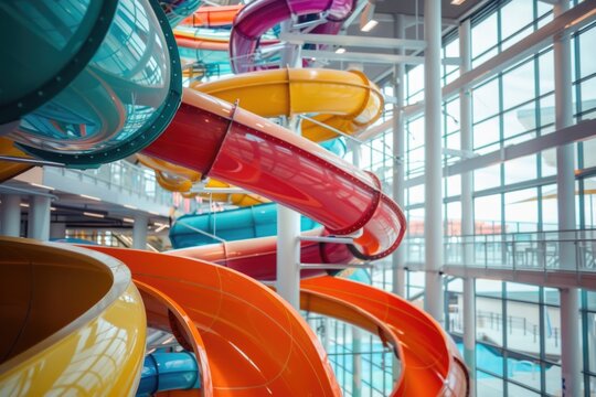 Colorful water slides in an indoor water park. Interior architecture photograph