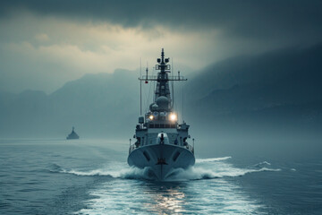 Naval Warships Advancing Through Misty Waters at Dawn