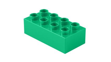 Jade Green Plastic Lego Block Isolated on a White Background. Children Toy Brick, Perspective View. Close Up View of a Game Block for Constructors. 3D Rendering. 8K Ultra HD, 7680x4320, 300 dpi