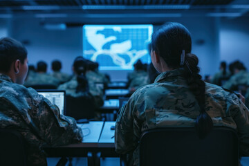 Military Personnel Monitoring Global Operations in Command Center - obrazy, fototapety, plakaty