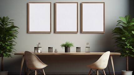 Minimalist Home Office with Trio of Blank Frames on Wall and Modern Wooden Desk