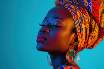 Radiant African Beauty: Woman with Traditional Headwrap in Vivid Blue Light - obrazy, fototapety, plakaty