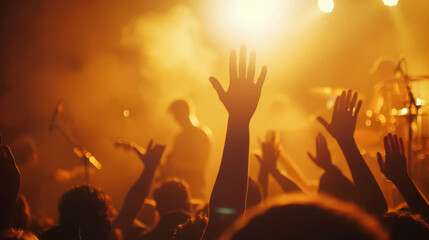 Back view of crowd at a big concert or event, with hands up - obrazy, fototapety, plakaty