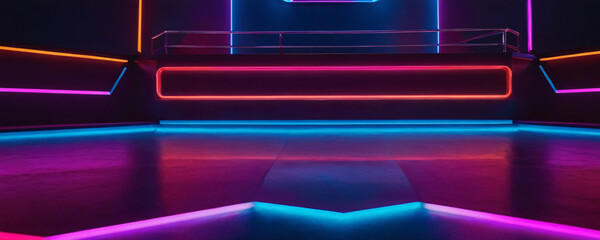 Obraz premium A modern studio, bathed in the ethereal glow of neon lights, centers around a sleek, white podium. The ambiance is electric, setting a stage for dynamic presentations.
