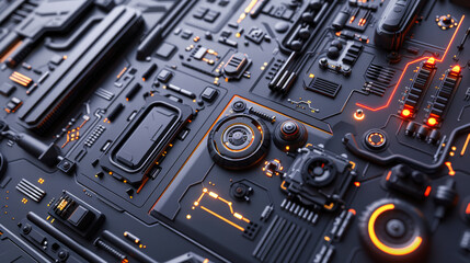 Fototapeta premium Black metal circuit board, advanced technology component surface