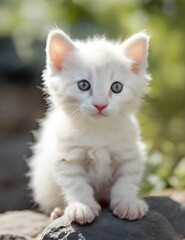 Naklejka na ściany i meble Cute white kitten in park in nature stands on stone Generative AI