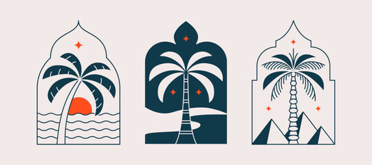 Palm tree arch frame thin line icon abstract design summer logo template modern minimal linear emblem for vacations rentals and travel services. Vector illustration
