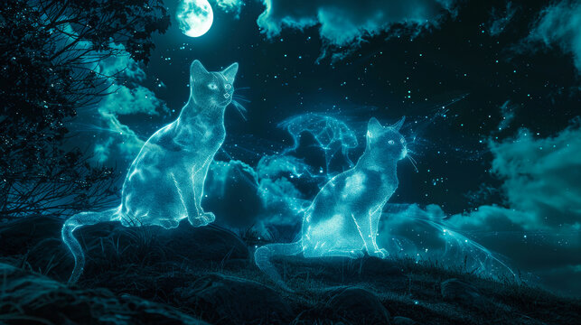 Fantasy glowing cat spirits under moonlight