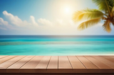 Empty wooden table, bar pier with tropical sunny beach background. Copy space for your promo, text or logo brand. Wood desk board on nature blue sky sea view. Blank tabletop on blur summer ocean scene - obrazy, fototapety, plakaty