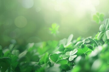 Lush clover field with bokeh effect. Saint Patrick's Day and spring concept for design and greeting card