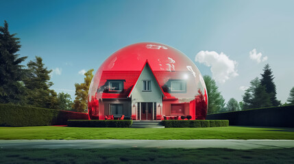 habitation protégée par un système d'alarme sous la forme d'un dôme rouge autour de la maison
