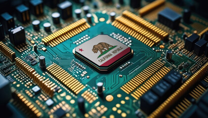 Obraz premium California flag on a processor, CPU or microchip on a motherboard. Concept for the battle of global microchips production.