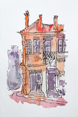 House sketch created with liner and watercolors. Color illustration on watercolor paper - 739850831