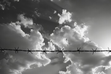Barbed wire against a dramatic cloud sky.