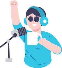 Male podcast host character is on air with microphone mic and headphones on world radio day