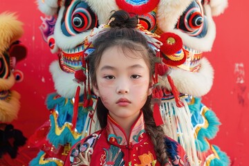 Chinese New Year concept with a young girl in traditional dress and lion dance costume.