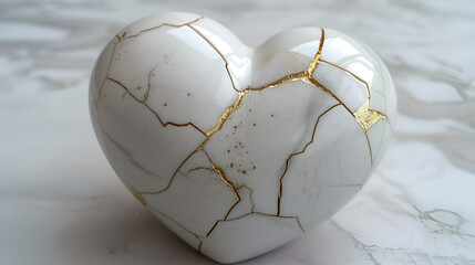 Fototapeta na wymiar Kintsugi Upcycled white porcelain ceramic heart with golden cracks details. Kintsugi kintsukuroi golden repair is the Japanese art of repairing broken pottery. generative ai