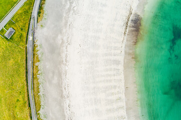 Aerial view of sandy Kilmurvey Beach on Inishmore, the largest of the Aran Islands in Galway Bay,...