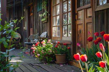 Fototapeta na wymiar In the heart of nature's embrace, a cottage with a floral aesthetic features wooden walls alive with tulips and leaves.
