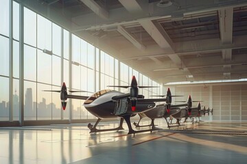Electric vertical takeoff and landing aircraft in hangar. Studio shot with copy space.
