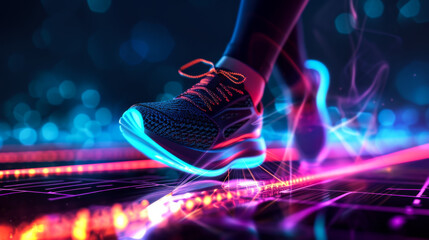 Close-up of shoes for sports and fitness on a dark background with neon lines. Sneakers and...