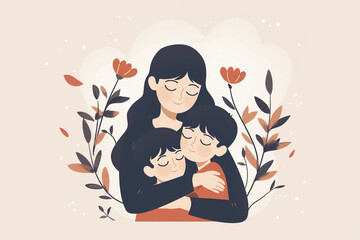 Mother hugs her two children, flowers on background, simple flat design illustration, Floral Mother's Day Illustration