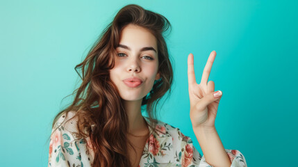 Portrait of a young woman having fun on a turquoise background, making a peace gesture. Cute woman posing indoors. Fill the world with happiness.