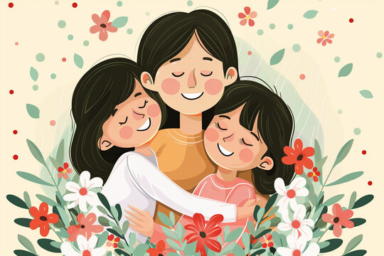 Mother hugs her two children, flowers on background, simple flat design illustration, Floral Mother's Day Illustration