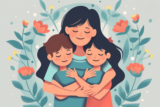 Mother hugs her two children, flowers on background, simple flat design illustration, Floral Mother's Day Illustration