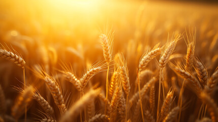 Close-up of golden ears of wheat in an agricultural field at sunset. Rich harvest concept.