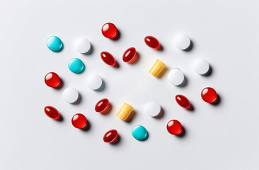 Pills on a white background. Multicolored vitamins full frame. Many different capsules. Pharmacy, chemistry concept. Abundance. Lots of antibiotics, drugs. Herbal medicine, chemical industry backdrop.