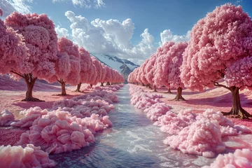 Fototapete Rund Fantasy Cherry Blossom River Landscape © Melipo-Art