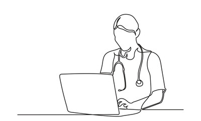 Continuous line drawing of female doctor checking patient medical record on a laptop.single-line women doctor with stethoscope in front of laptop.Medical healthcare concept vector illustration.
