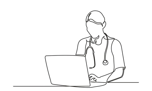 recommend clip art: Continuous line drawing of female doctor checking patient medical record on a laptop.single-line women doctor with stethoscope in front of laptop.Medical healthcare concept vector illustration.
                    