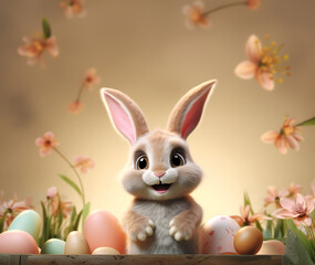 Fototapeta premium Happy easter. Illustration of a cute bunny with a basket and Easter eggs.
