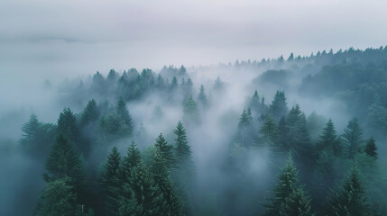 Aerial view of fog over pine forest: mysterious, atmospheric scenery.