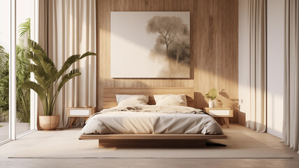 Modern cozy bedroom with a large bed, window and flowers. Scandinavian interior