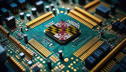 Obraz premium Maryland flag on a processor, CPU or microchip on a motherboard. Concept for the battle of global microchips production.