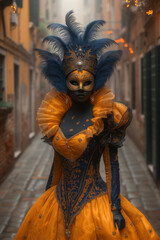 masquerade woman in dark and orange dress