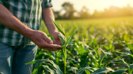 A young farmer with a modern digital tablet checks the quality of wheat growth on a green field. Checking crop growth. Agriculture concept.