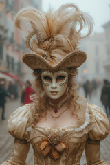 blonde woman wearing a venetian mask on her face in city environment