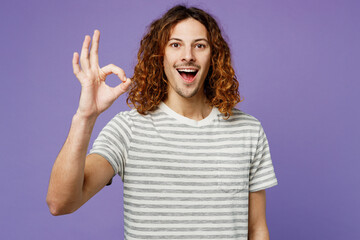 Young happy cheerful satisfied man he wears grey striped t-shirt casual clothes showing okay ok gesture look camera isolated on plain pastel light purple background studio portrait. Lifestyle concept.