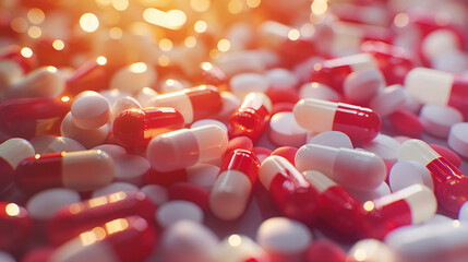 pastillas de colores blanco y rojo como símbolo de la dependencia de los fármacos - obrazy, fototapety, plakaty
