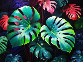Background with monstera leaves with bright neon highlights. Beautiful illustration, template for banner.