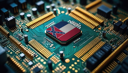 Fototapeta premium Mississippi flag on a processor, CPU or microchip on a motherboard. Concept for the battle of global microchips production.