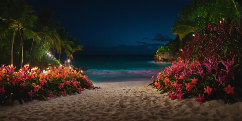 A serene and magical evening view of a pristine beach adorned with glowing lights, surrounded by lush green palm trees and vibrant flowers.